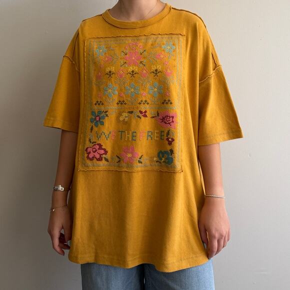 Free People We The Free Cross-Stitch Tee in Marigold Combo - Picture 1 of 3